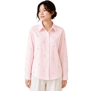 Camisa de Mujer a Rayas Rosa y Blanca con Botones, Blusa de Algodón de Manga Larga con Bordado de Corazón, Ajuste Holgado, Estilo Casual, Top Oversize - Product Image 1