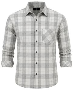 Manufacturer Gray White Plaid <b>Men</b> Casual Formal Check <b>Shirt</b> Long Sleeve Button Down Cotton Flannel Office Wear Custom <b>Shirt</b> <b>Men</b> - Product Image 1