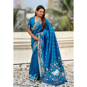 Sari en soie Pichwai tissé Zari bleu Elite Weaves, robe de soirée élégante 650g - Product Image 1