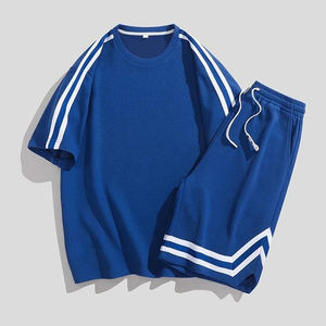 Ensemble décontracté d'été deux pièces : T-shirt rayé personnalisé et short – Tenue de sport de haute qualité en 100 % coton, coupe ample, style streetwear - Product Image 3