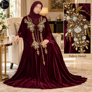Tela de Terciopelo Borgoña con Bordado Floral de Cristales Dorados y Plateados |   Panel Frontal Textil con Cuentas Decorativas para Abaya y Vestido de Noche - Product Image 3