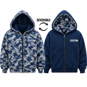 เสื้อฮู้ดลายพรางสีน้ำเงินเทาแบบซิปเต็มตัว ดีไซน์กลับด้านได้ พร้อมปักแบรนด์ที่อก  เสื้อแจ็คเก็ตซิปขายส่ง เสื้อผ้าฤดูหนาว B2B - Product Image 3