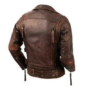 <b>Men's</b> Genuine <b>Leather</b> Slim Waterproof Moto Biker <b>Jacket</b> Stand Collar Zipper Closure Solid Color Satin Lining Autumn Style - Product Image 3