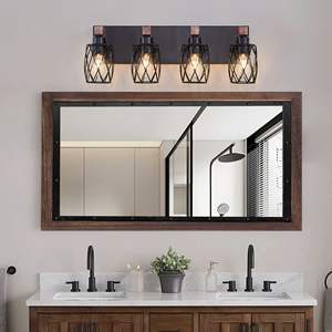 24-Inch Industrial Vintage 4-<b>Light</b> <b>Wall</b> Sconce Black Cage <b>Wooden</b> Accents Historic Style <b>Wall</b> Lighting Fixture for Bathroom - Product Image 1