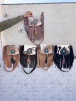 Sac à main bandoulière en cuir suédé de haute qualité avec franges, style western, en peau de cheval, orné de pierres, pour femme, sac de créateur unique
