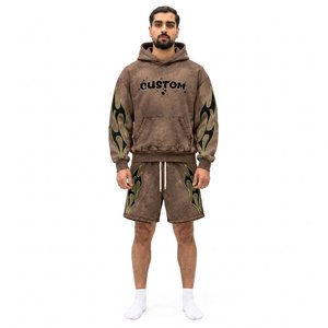 Men's Brown Hooded Tracksuit <b>Set</b> With Green Flame Print Full Sleeve Loose Fit Streetwear Shorts And Sweatshirt Autumn Wear - Product Image 1