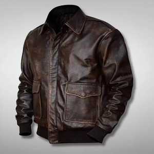 Blouson aviateur en cuir marron pour homme, col rabattu, fermeture éclair, couleur unie, coupe classique, pour l'automne - Product Image 4