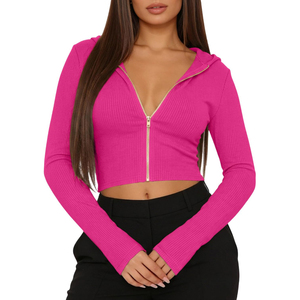 Top Corto con Capucha y Cierre de Cremallera para Mujer, Color Rosa, Tejido de Punto, Manga Larga, Color Sólido, Transpirable, Ropa de Otoño, OEM ODM - Product Image 1