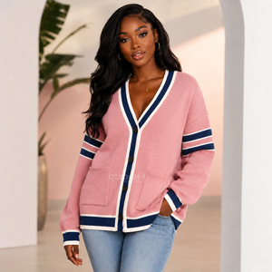 Cosh International Sorority Custom Logo Sisterhood Acrylic V-Neck <b>Cardigan</b> With <b>Navy</b> Contrast Stripes And Pockets - Product Image 3