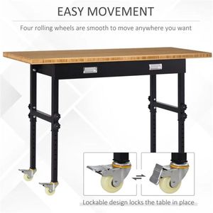 59\" Height Adjustable Garage Workbench with Drawer and Wheels Bamboo Tabletop Workstation Tool Table for Woodworking - Product Image 6