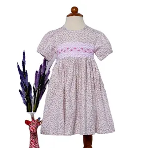 ODM OEM çocuk giyim elbise yaz kız Vintage Smock 100% pamuk bebek yaka Fly kol çiçek çocuklar kız prenses
