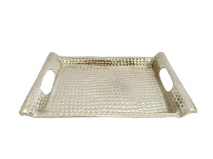 Plateau décoratif ovale en métal argenté avec motif à carreaux et poignées intégrées, design rustique, finition vieillie antique - Product Image 5