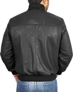 Chaqueta de Cuero Vacuno Negra para Hombre, Estilo Bomber, Cuello Alto, Cierre de Cremallera, Estilo Motero, Corte Regular, para Otoño, Tallas Grandes - Product Image 2