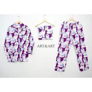 Conjunto de pijama para mujer con estampado de perro, elegante y bonito, hecho a mano, 100% algodón, cintura elástica, floral, manga larga, largo completo - Product Image 4