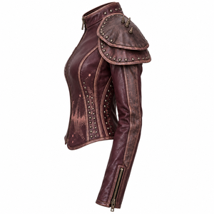 Blouson Biker Femme en Cuir Véritable Bordeaux avec Artwork DJ Personnalisé, Cape à Épaules Superposées et Clous – Fournisseur d'Usine OEM - Product Image 4