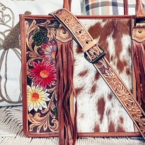 Bolso Tote Casual de Cuero Genuino para Mujer, Estilo Bohemio Occidental, con Flecos de Piel de Vaca, Flores y Borlas, Color Personalizado - Product Image 3