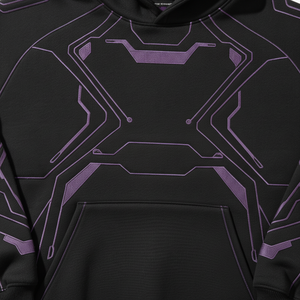 Sudadera con Capucha Negra para Hombre con Estampado Geométrico Morado, Corte Holgado, Estilo Casual, Manga Regular, Tela French Terry - Product Image 2