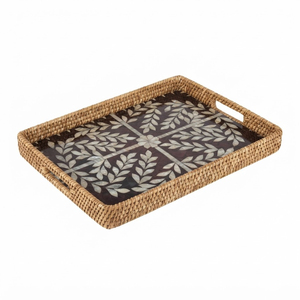 Plateau de service rectangulaire en rotin naturel tressé à la main avec incrustation de nacre de luxe, écologique et décoratif - Product Image 1