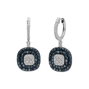 Pendientes Colgantes con Halo de Diamantes Naturales Azules y Blancos de Corte Redondo de 2.98 Cttw, Plata de Ley 925, Color G-H I2 - Product Image 3