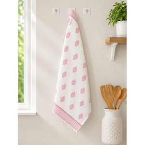 Essuie-tout de cuisine en lin imprimé |   Essuie-mains en lin à motif cachemire rose avec bordure décorative et garniture en pompons - Product Image 1