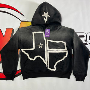 Sudadera con capucha unisex de algodón French Terry de alta calidad, bordado extragrande con efecto desgastado, logotipo personalizado, teñido liso. - Product Image 1