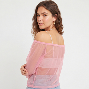 Transparent Mesh Off Shoulder Top For Women Sexy Sheer Off Shoulder Mesh Shirt Tops <b>Ladies</b> 100% Polyester <b>Summer</b> Transparent Top - Product Image 6
