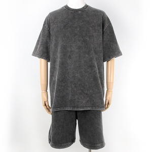 Conjuntos de dos piezas para hombre, camisetas oversize de algodón 100% con hombros caídos, ropa deportiva, conjunto de pantalones cortos vintage con lavado ácido. - Product Image 3
