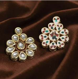 Connecteurs d'espacement en cristal plaqué or 18 carats Kundan Meenakari, géométriques/ovales, dorés, 2 pièces, 40x22mm, pour colliers et boucles d'oreilles, vente en gros - Product Image 1