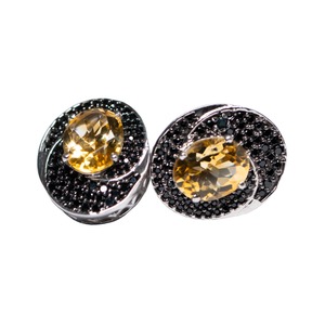Pendientes de Plata de Ley 925 de Lujo, Chapados en Rodio, con Gema Ovalada Amarilla Dorada y Halo de Circonita Negra, Certificados, para Mujer - Product Image 2