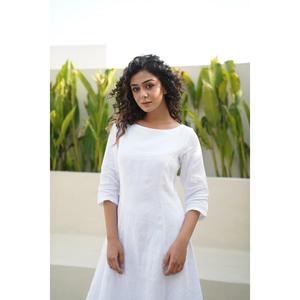 Vestido Midi de Lino y Algodón Blanco Estilo Boho para Mujer, Cuello Redondo, Manga 3/4, Corte en A, Fluido, Casual, Verano - Product Image 2