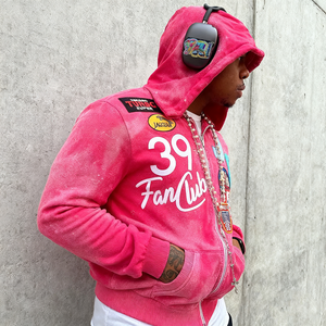 Sweat à capuche zippé streetwear imprimé brodé effet vieilli, fermeture éclair de haute qualité, logo et couleur personnalisables, unisexe - Product Image 3