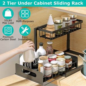 Cassetto scorrevole estraibile a 2 livelli sotto il ripiano di stoccaggio dell'armadio per il bagno della cucina lavello estraibile contenitore per la conservazione degli alimenti - Product Image 1