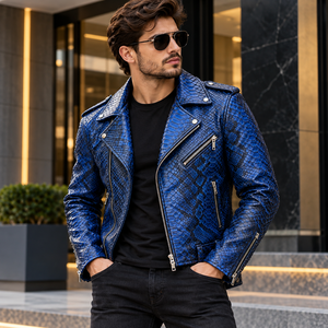 Veste de motard en cuir véritable bleu gaufré pour homme, doublure en soie, fermeture éclair élégante, streetwear haut de gamme - Product Image 1