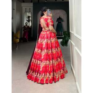 Attractive <b>red</b> Tussar <b>Silk</b> & Printed Lehenga Choli With Dupatta - Product Image 3