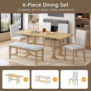 Set Tavolo da Pranzo Allungabile Stile Rustico da 76 Pollici con 6 Sedie, Tavolo da Cucina a Cavalletto con Prolunga Rimovibile da 18 Pollici e Sedie Imbottite - Product Image 4