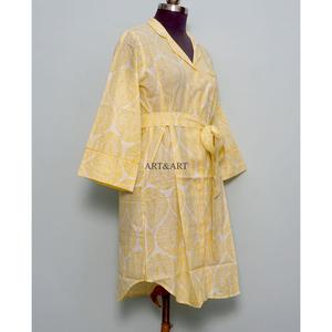 100% Pure Cotton Long Shirt <b>Dress</b> V-Neck 3/4 Sleeve Button Front belt Style Evening Formal Block Printed flare sleeves for women - Product Image 5