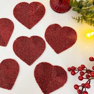 Handmade <b>Beaded</b> <b>Placemat</b> for Table Heart Shape Heat-Resistant Backing & Genuine Red Glass Beads Coaster - Product Image 6