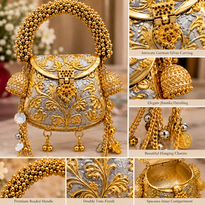 Sac à main en argent allemand bicolore pour femmes |   Sac à main ethnique Potli avec poignée perlée, motif floral et chaînes suspendues - Product Image 4