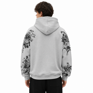 Sweat à capuche oversize gris à manches florales pour homme, en polaire OEM, style streetwear, vente en gros personnalisée B2B pour le marché américain - Product Image 2