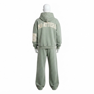 Custom Sage Green <b>Oversized</b> Zip Up Hoodie and Wide Leg <b>Sweatpants</b> Two Piece Tracksuit Set - Product Image 4