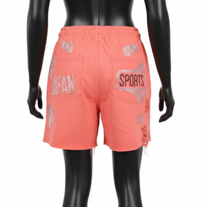 Shorts cortavientos para mujer, tela de nailon premium, color rosa coral sólido, con pedrería termoadhesiva, logotipo personalizado, shorts con cadena para mujer - Product Image 2