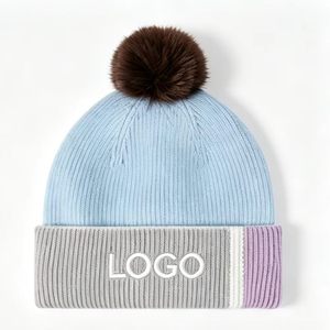 Custom Logo Color Block Cuffed Knit Beanie Faux Fur Pom Pom <b>Hat</b> <b>Winter</b> Warm Acrylic Bobble <b>Hat</b> Color Matching Knitted Cap - Product Image 3