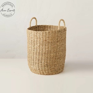 Luxury Quality Set of 3 Tall Natural Woven Seagrass <b>Storage</b> <b>Baskets</b> with Bin Handles for Home Laundry <b>Toy</b> Organizer - Product Image 1