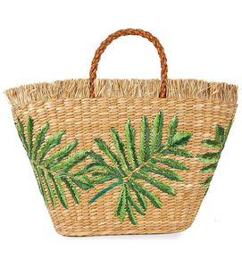 Sac fourre-tout en paille tressée avec poignée en jonc de mer brodée de feuilles de palmier, sac à main de plage d'été tendance pour femme, OEM ODM - Product Image 1