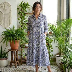 Elegant Free Size Silk Shirt <b>Dress</b> Ibiza Style Azure and Indigo Paisley Long Flowy Maxi Gown for Vacation <b>Lounge</b> and Resort Wear - Product Image 6