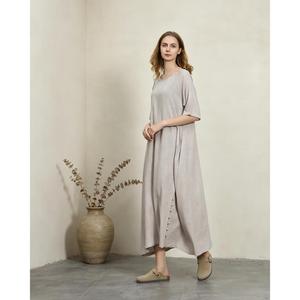 Elegant Khaki Plain Cotton Linen Maxi <b>Dress</b> With O-Neck <b>Loose</b> Fit Short Sleeve Summer Casual Midi <b>Dress</b> For Women - Product Image 5