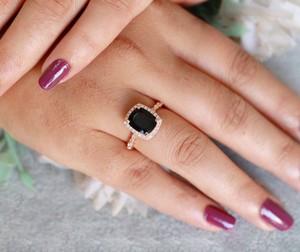 Luxury Black Onyx <b>Cushion</b> Shape Prong Setting 925 Sterling Silver Rose Gold Women's <b>Wedding</b> <b>Ring</b> 3 Gram - Product Image 3