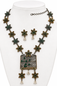 Vintage Antique Gold Plated Brass Bezel Setting Two Tone Flower Zircon Necklace Earring Set Women's <b>Wedding</b> Anniversary - Product Image 2