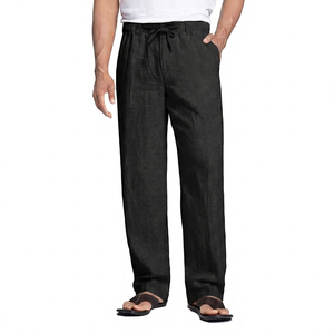 Pantalon décontracté pour homme en lin/coton beige, plissé devant, fermeture à cordon, léger, respirant, pantalon d'été avec poches latérales - Product Image 6