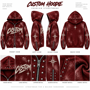 Men's Oversized Burgundy Zip Up Hoodie Embroidered Letter <b>Star</b> Pattern Studded Hip Hop Sweatshirt - Product Image 6
